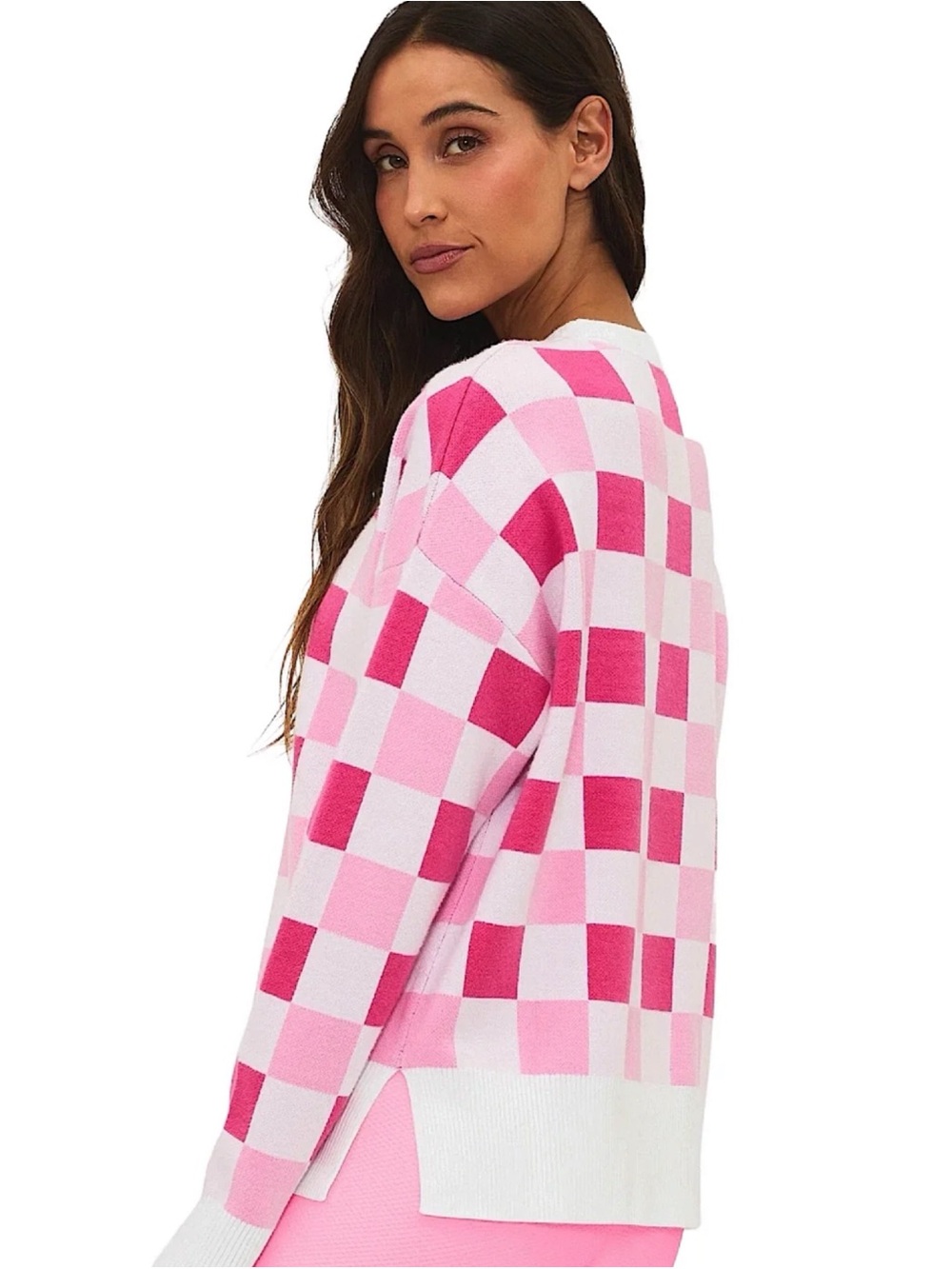 Anthropologie Beach Riot Callie Sweater Peony Petal Checker Pink Check Large NWT - Picture 4 of 14
